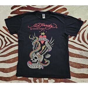Vintage Y2K Ed Hardy New York City T-Shirt Black Eagle Skull Snake Audigier Sz L
